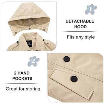 FARVALUE Women's Waterproof Trench Coat Double Breasted Windbreaker Classic Belted Lapel Overcoat with Removable Hood Khaki Medium