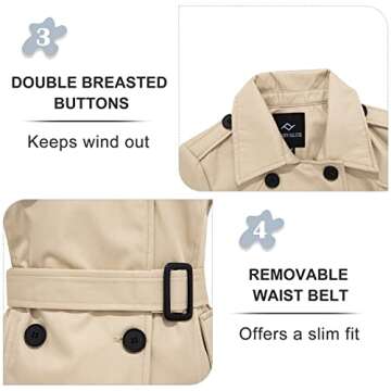 FARVALUE Women's Waterproof Trench Coat Double Breasted Windbreaker Classic Belted Lapel Overcoat with Removable Hood Khaki Medium