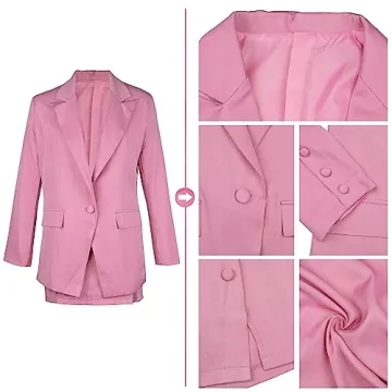 Women's 2 Piece Business Outfits Solid Blazer Skirts Set Long Sleeve Lapel Blazer and Skirt Suits Rose