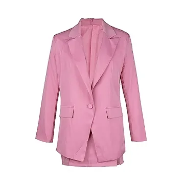 Women's 2 Piece Business Outfits Solid Blazer Skirts Set Long Sleeve Lapel Blazer and Skirt Suits Rose