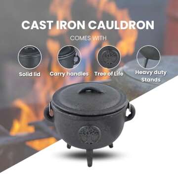Cast Iron Cauldron with Lid and Handle - Spell, Smudging, Incense +6 Cups (Tree of Life)