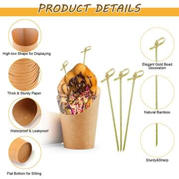 MOJIEZUO 50 Pcs Charcuterie Cups with 50 Pcs Cocktail Picks, 14oz Brown French Fry Holder Cups, Disposable Appetizers Cups, Kraft Paper Snack Cups, Popcorn Boxes for Party