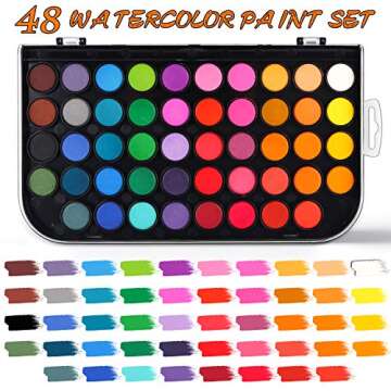 Watercolor Paint Set, 48 Color Watercolor with 10 PCS Nylon Brushes,6 PCS Refillable Water Brush Pen, 10 Page Pad(A4) and 2 PCS Art Sponges. Watercolor Paint set for Adults,Children and Beginners.