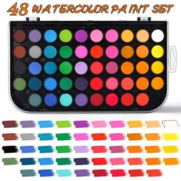 Watercolor Paint Set, 48 Color Watercolor with 10 PCS Nylon Brushes,6 PCS Refillable Water Brush Pen, 10 Page Pad(A4) and 2 PCS Art Sponges. Watercolor Paint set for Adults,Children and Beginners.