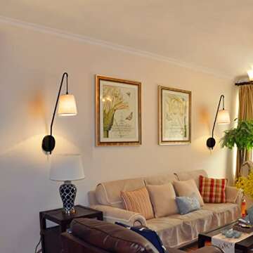 Plug in Wall Sconces Set of Two, Wall Lamps for Bedrooms Set of 2, Black Farmhouse Wall Mounted Ligh...