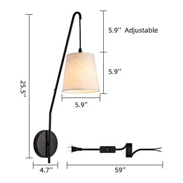 Plug in Wall Sconces Set of Two, Wall Lamps for Bedrooms Set of 2, Black Farmhouse Wall Mounted Lights for Bedside, Living Room, Rustic Sconces Wall Lighting Fixtures with 59inch On/Off Switch Cord