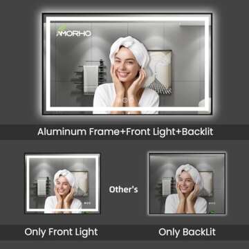 Amorho 84"x 32" LED Bathroom Mirror Framed, Front Light and Backlit, Stepless Dimmable, Anti-Fog, Shatter-Proof, Memory, 3 Colors, Double LED Vanity Mirror