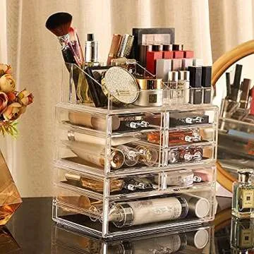 Cq acrylic 3 Pack Clear Make Up Organizer Countertop,Stackable 8 Drawers Makeup Storage,Cute Vanity Organizers for Dresser Hair Clip,Jewelry,Beauty Product Desk and Bathroom Organizers and Storage