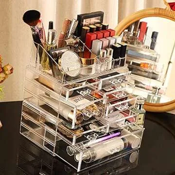 Cq acrylic 3 Pack Clear Make Up Organizer Countertop,Stackable 8 Drawers Makeup Storage,Cute Vanity Organizers for Dresser Hair Clip,Jewelry,Beauty Product Desk and Bathroom Organizers and Storage