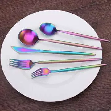 Matte Multicolor Silverware Set, SHARECOOK 5-Piece Stainless Steel Satin Finish Flatware Set, Kitchen Utensil Set, Tableware Cutlery Set for Home and Restaurant, Dishwasher Safe