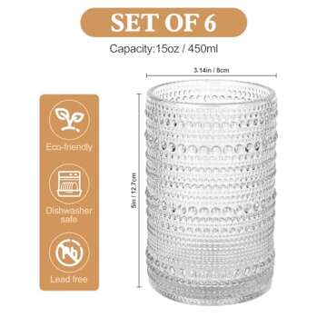 ZMOWIPDL Vintage Glassware Drinking Glasses Set of 6,15 oz Hobnail Glass Cups,Embossed Clear Water T...