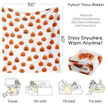 Yiyhuxf Halloween Blanket,Orange Halloween Pumpkin Face Blanket,Halloween Pumpkin Gifts for Women,Halloween Flannel Fleece Throw Blanket for Home Living Room Bed Chair Decor 60"x50"