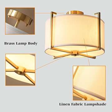 KCO Lighting Flush Mount Ceiling Light 4 Lights Brushed Brass Gold Ceiling Lamp Mid Century Modern Ceiling Lights Fixture with Drum Fabric Diffuser for Bedroom Living Dining Room
