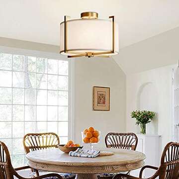 KCO Lighting Flush Mount Ceiling Light 4 Lights Brushed Brass Gold Ceiling Lamp Mid Century Modern Ceiling Lights Fixture with Drum Fabric Diffuser for Bedroom Living Dining Room