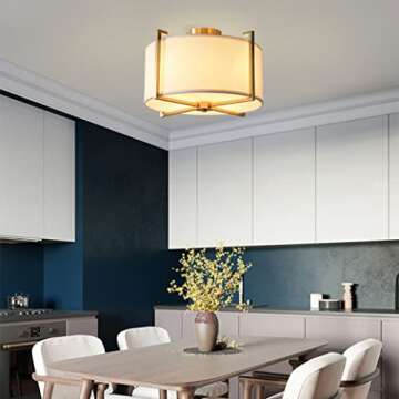 KCO Lighting Flush Mount Ceiling Light 4 Lights Brushed Brass Gold Ceiling Lamp Mid Century Modern Ceiling Lights Fixture with Drum Fabric Diffuser for Bedroom Living Dining Room