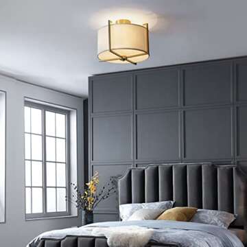 KCO Lighting Flush Mount Ceiling Light 4 Lights Brushed Brass Gold Ceiling Lamp Mid Century Modern Ceiling Lights Fixture with Drum Fabric Diffuser for Bedroom Living Dining Room
