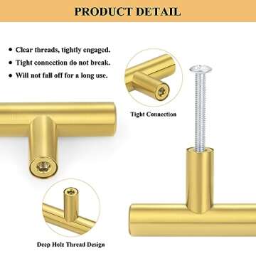 Plustool 30Pack 3''Hole Centers Gold Cabinet Handles-Brushed Brass Cabinet Pulls Gold Dresser Drawer Pulls-Stainless Steel Door Hardware for Kitchen Bathroom Bedroom Furniture-5''Overall Length