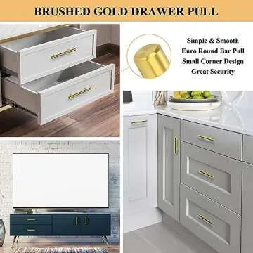 Plustool 30Pack 3''Hole Centers Gold Cabinet Handles-Brushed Brass Cabinet Pulls Gold Dresser Drawer Pulls-Stainless Steel Door Hardware for Kitchen Bathroom Bedroom Furniture-5''Overall Length