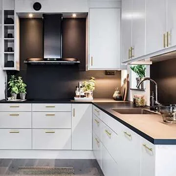 Plustool 30Pack 3''Hole Centers Gold Cabinet Handles-Brushed Brass Cabinet Pulls Gold Dresser Drawer Pulls-Stainless Steel Door Hardware for Kitchen Bathroom Bedroom Furniture-5''Overall Length