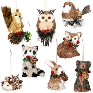 Vercraft 8 Pack Sisal Woodland Friends Animals Mini Christmas Tree Ornaments Set Natural sisal Straw...