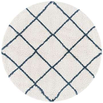 SAFAVIEH Hudson Shag Collection 7' Round Ivory / Slate Blue SGH281T Modern Diamond Trellis Non-Shedding Living Room Bedroom Dining Room Entryway Plush 2-inch Thick Area Rug