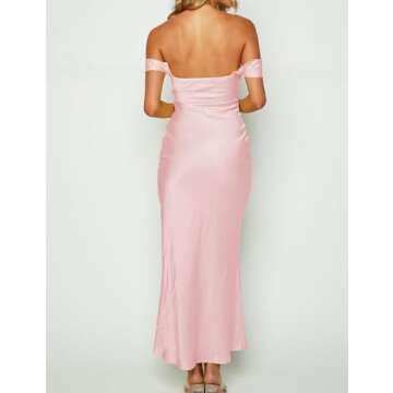 Realtix Elegant Satin Off The Shoulder Ruched Backless Maxi Dress for Women