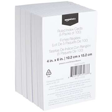Amazon Basics Ruled Lined Index Note Cards, 500 Count, 5 Pack of 100, White, 4 in x 6 in