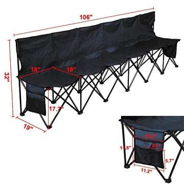 Yaheetech 6 Seats Foldable Sideline Bench for Sports Team Portable Camping Folding Football Chairs with Carry Bag, Black