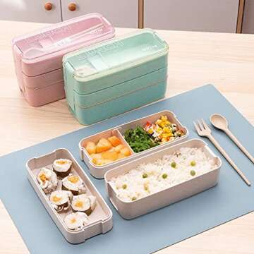 Rarapop 2 Pack Stackable Bento Box Japanese Lunch Box Kit with Spoon & Fork, 3-In-1 Compartment Wheat Straw Meal Prep Containers for Kids & Adults (Pink/Beige)