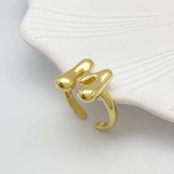 Bubble Initial Ring For Women ，Dainty Balloon Letter Rings 14k Gold Plated Open Adjustable Unique ...