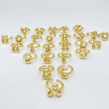 Bubble Initial Ring For Women ，Dainty Balloon Letter Rings 14k Gold Plated Open Adjustable Unique Gift Jewelry (Gold letter M)