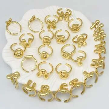 Bubble Initial Ring For Women ，Dainty Balloon Letter Rings 14k Gold Plated Open Adjustable Unique Gift Jewelry (Gold letter M)