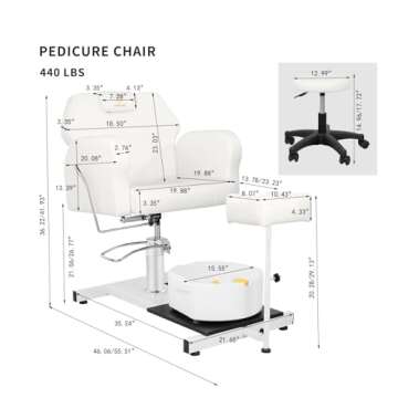 LUXMARS Reclining Pedicure Chair Station, 360° Rotation Hydraulic Adjustable Spa Pedicure Chair No Plumbing Unit Station with Foot Basin White