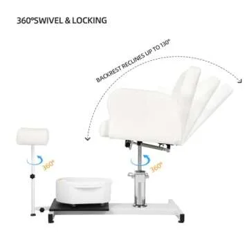 LUXMARS Reclining Pedicure Chair Station, 360° Rotation Hydraulic Adjustable Spa Pedicure Chair No Plumbing Unit Station with Foot Basin White