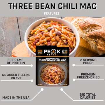 Peak Refuel Three Bean Chili Mac| Premium Freeze Dried Camping Food | Backpacking & Hiking MRE Meals...