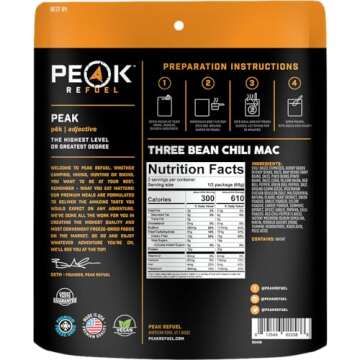 Peak Refuel Three Bean Chili Mac| Premium Freeze Dried Camping Food | Backpacking & Hiking MRE Meals | Just Add Water | 100% Real Ingredients | 30g of Protein | 2 Serving Pouch