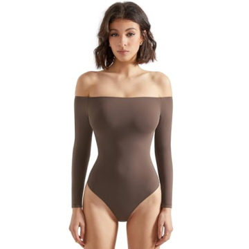 SUUKSESS Women Off the Shoulder Long Sleeve Bodysuit Top Double Lined Sexy Thong Bodysuits Shirts (B...
