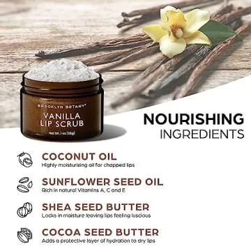 Brooklyn Botany Lip Scrub Exfoliator 1 oz – Lip Moisturizer for Dry Lips and Chapped Lips – Gentle Lip Exfoliator for Smooth and Brighter Lips – Vanilla Flavor