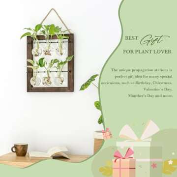 Mkono Propagation Station Wall Hanging Glass Planter, Flower Bulb Vase Plant Terrarium with Retro Wooden Stand Double Layer for Hydroponics Plants Home Garden Office Decor