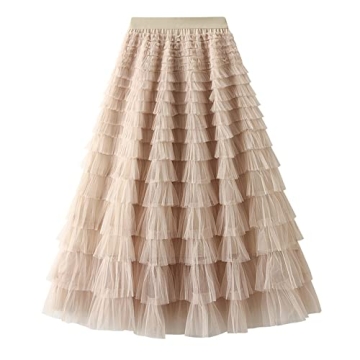 Dirholl Women's A-Line Fairy Elastic Waist Polyester Spandex Midi Skirt Tutu B Apricot