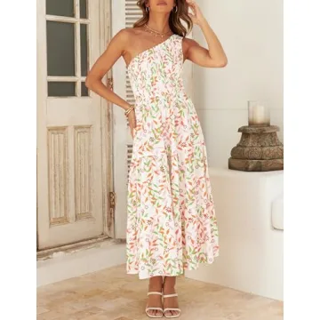 ZESICA Floral Print One Shoulder Midi Dress for Summer