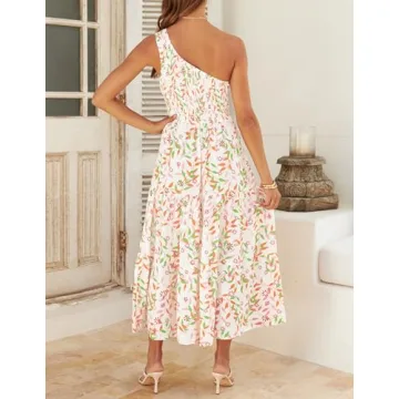 ZESICA Floral Print One Shoulder Midi Dress for Summer