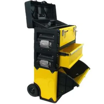 Portable Tool Box on Wheels - Stackable 3-in-1 Chest for Workshops and Craft Rooms - Foldable Comfort Handle and Latches by Stalwart (Black/Yellow)