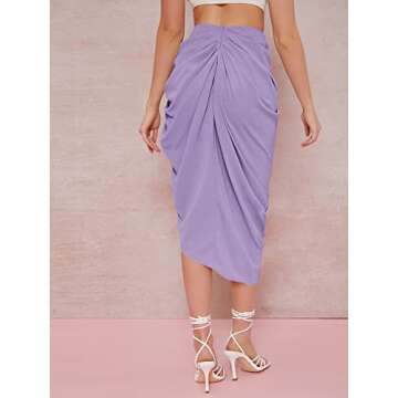 WDIRARA Women's Split Front High Waist Ruched Zip Back Bodycon Midi Skirt Purple L