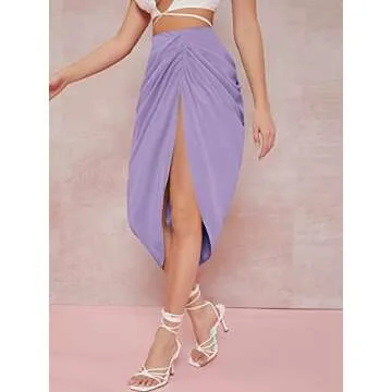 WDIRARA Women's Split Front High Waist Ruched Zip Back Bodycon Midi Skirt Purple L