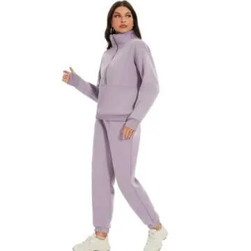 COZYPOIN Women's Sweatsuit Sets 2 Piece Fleece Outfit Half Zip Sweatshirt and Joggers Pants Tracksuit Purple