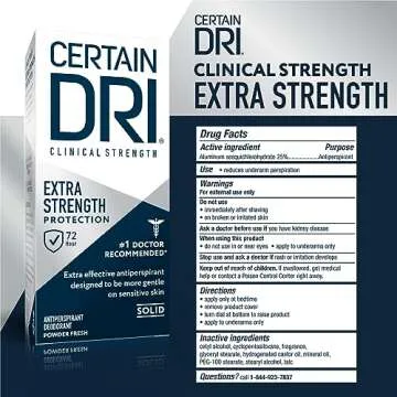 Certain Dri Extra Strength Clinical Antiperspirant Solid Deodorant, Hyperhidrosis Treatment for Men & Women, Long-Lasting 72hr Protection, Effective Sweat Control, Powder Fresh Scent, 1.7oz, 3 Pack