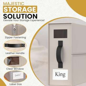 Foldable 2 Pack Tan Bed Sheet Organizers and Storage - Linen Closet Organizer W/Clear Window, Zipper & Label | Bedding Folder Storage Box Container W/Leather Handle for Comfort (Queen & King Size)