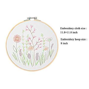 HaiMay 3 Sets Embroidery Starter Kit with Pattern and Instructions, Cross Stitch Kit Include 3 Embroidery Clothes with Floral Pattern, 3 Bamboo Embroidery Hoops, Color Threads and Tools