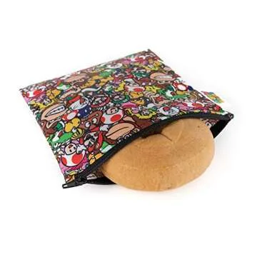 Bumkins Nintendo Reusable Sandwich and Snack Bags, for Kids School Lunch and for Adults Portion, Washable Fabric, Waterproof Cloth Zip Bag, Travel Pouch, Food-Safe, 3-pk Super Mario